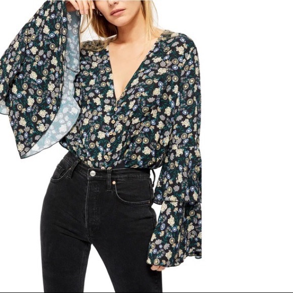 Free People Tops - Free People She's Dainty Black Floral Print Long Sleeve Bodysuit